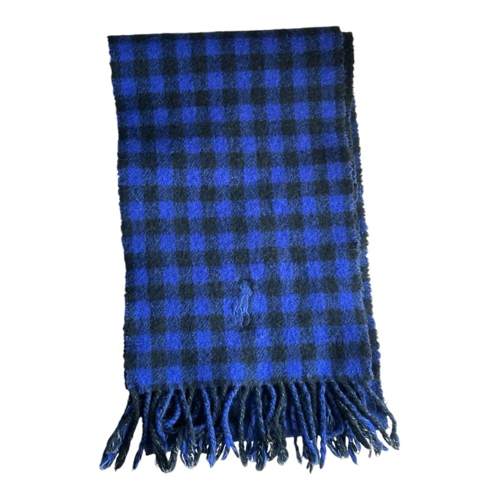 Polo Ralph Lauren reversible Fringe-Trim Lambs Wool Plaid Check 60” Scarf